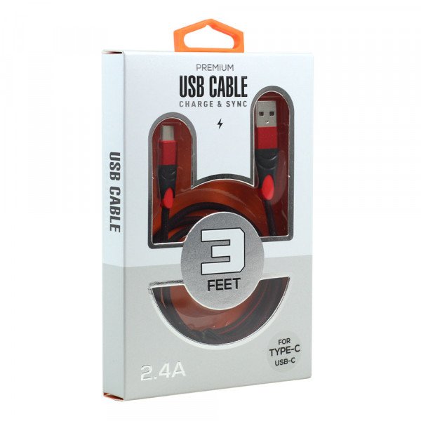 Wholesale Type C / USB-C 2.4A Braided Cloth Strong Durable Charge and Sync USB Cable 3FT (Red)